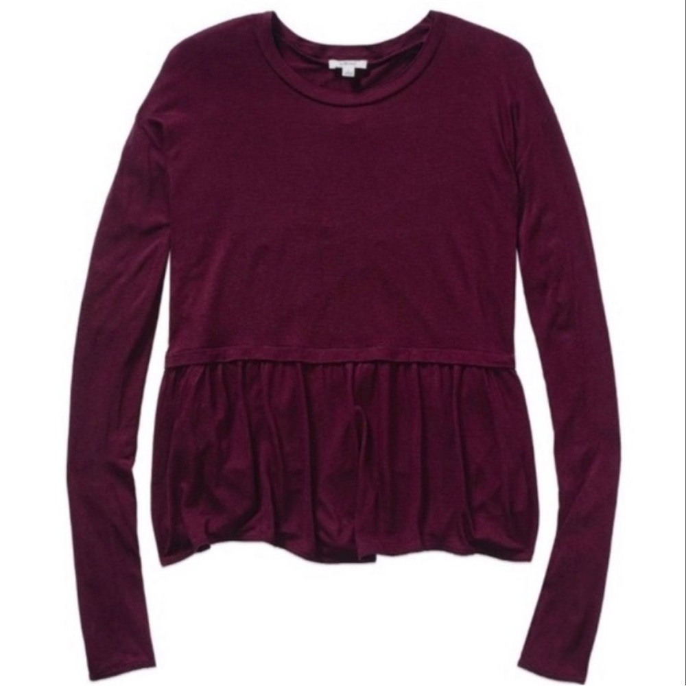 Wilfred Maroon Long Sleeve Peplum Ruffle Hem Top | Size XS